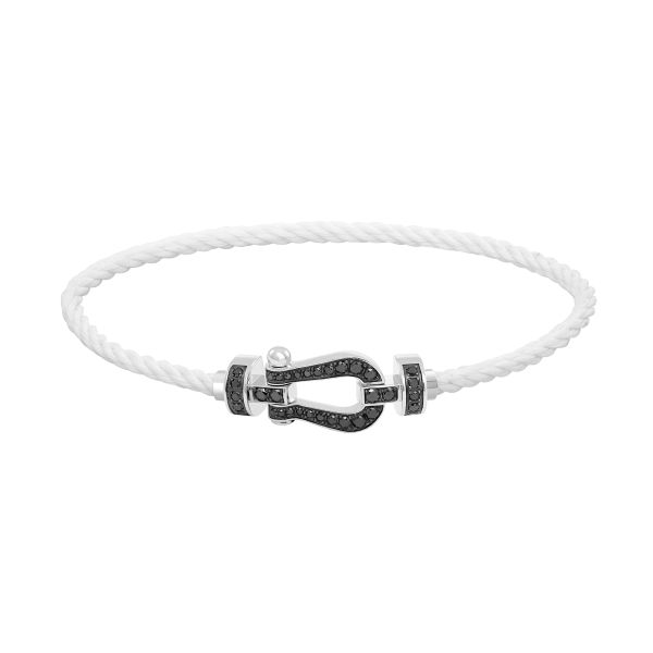 Bracelet Fred Force 10 moyen modèle en or blanc, pavage diamants noirs et câble blanc 0B0115-6B0252
