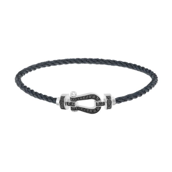 Bracelet Fred Force 10 moyen modèle en or blanc, pavage diamants noirs et câble gris orage 0B0115-6B1077