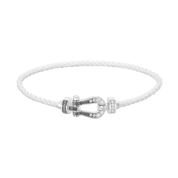 Bracelet Fred Force 10 moyen modèle en or blanc, diamants blancs et noirs et câble blanc 0B0161-6B0252