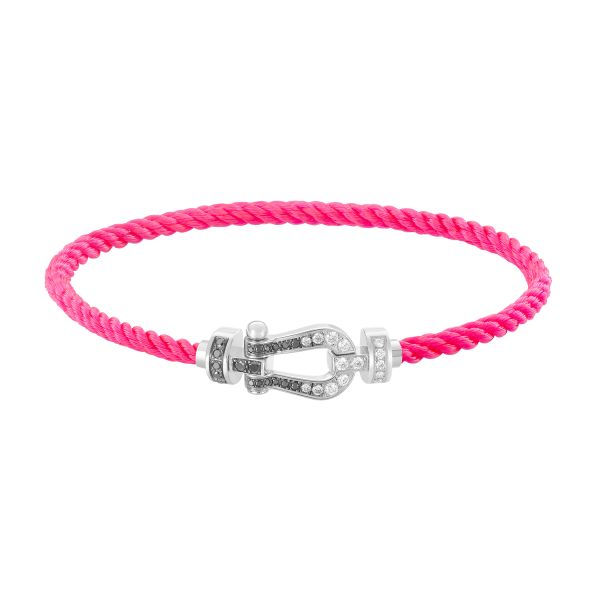 Fred Force 10 medium model bracelet in white gold, white and black diamonds and fluorescent pink cable