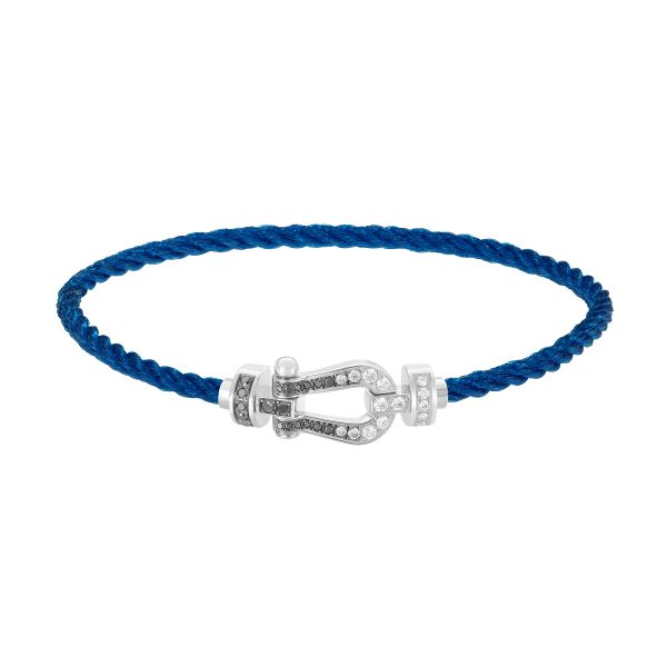 Bracelet Fred Force 10 moyen modèle en or blanc, diamants blancs et noirs et câble bleu jean 0B0161-6B1068