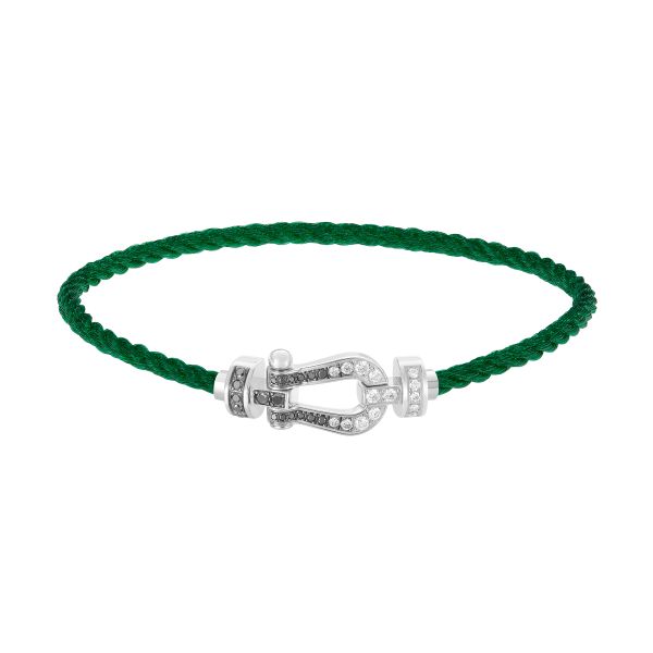 Bracelet Fred Force 10 moyen modèle en or blanc, diamants blancs et noirs et câble vert émeraude 0B0161-6B1089
