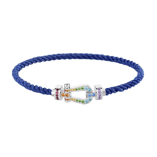Bracelet Fred Force 10 moyen modèle en or blanc, pierres de couleur et câble bleu indigo 0B0170-6B0332