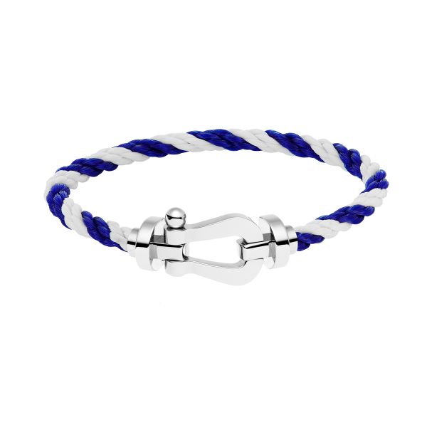 Bracelet Fred Force 10 grand modèle en or blanc et câble blanc et bleu 0B0005-6B1048