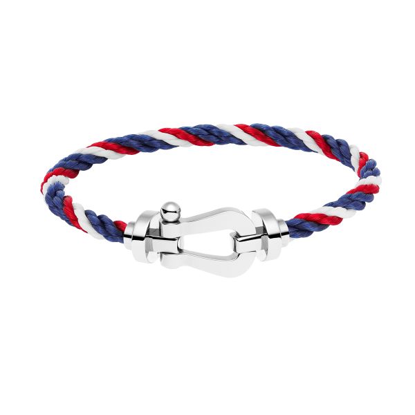 Bracelet Fred Force 10 grand modèle en or blanc et câble bleu blanc rouge 0B0005-6B1050