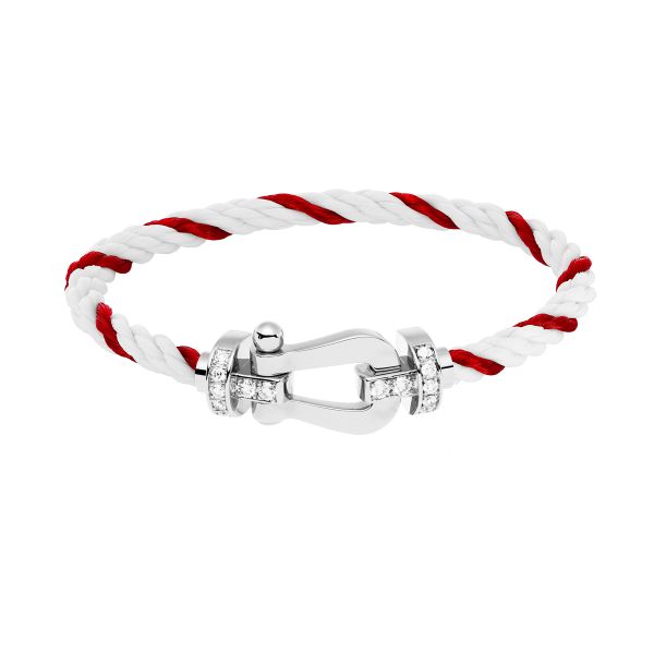 Fred Force 10 large model bracelet in white gold, diamonds and white and red cable