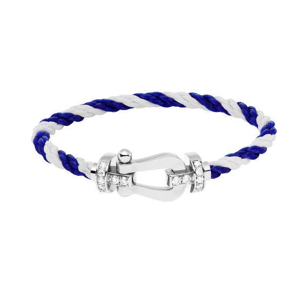 Fred Force 10 large model bracelet in white gold, diamonds and white and blue cable