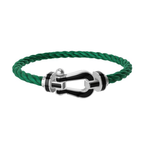 Bracelet Fred Force 10 grand modèle en or blanc, laque noire et câble vert émeraude 0B0045-6B0186