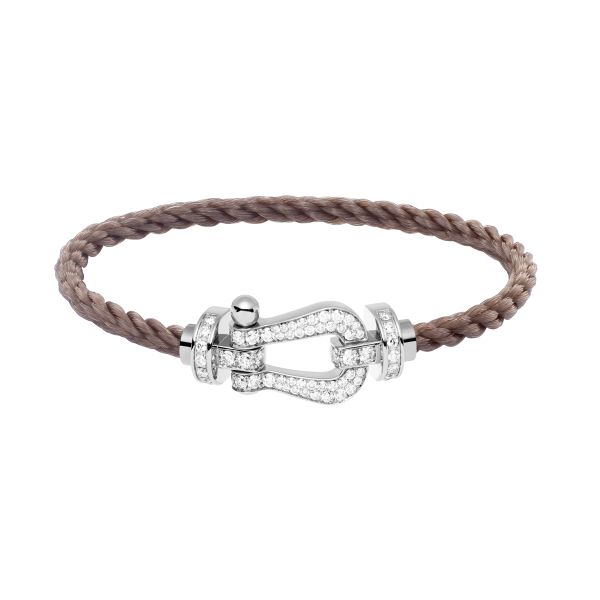 Fred Force 10 large model bracelet in white gold, diamond pavement and taupe cable