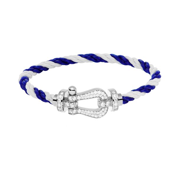 Fred Force 10 large model bracelet in white gold, diamond-paved and white and blue cable