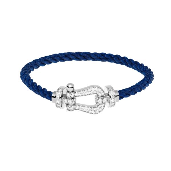 Fred Force 10 large model bracelet in white gold, diamond-paved and navy blue cable