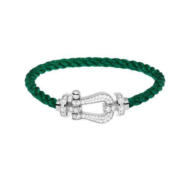 Bracelet Fred Force 10 grand modèle en or blanc, pavage diamants et câble vert émeraude 0B0050-6B1086