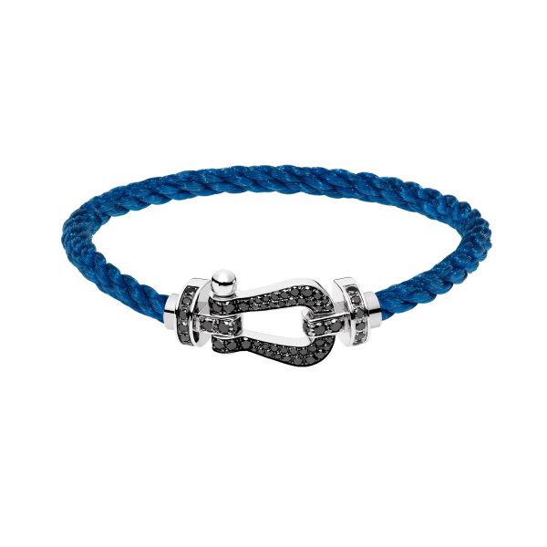 Fred Force 10 large model bracelet in white gold, black diamond-paved and denim blue cable