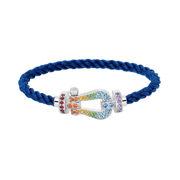 Bracelet Fred Force 10 grand modèle en or blanc, pierres de couleur et câble bleu indigo 0B0155-6B0232