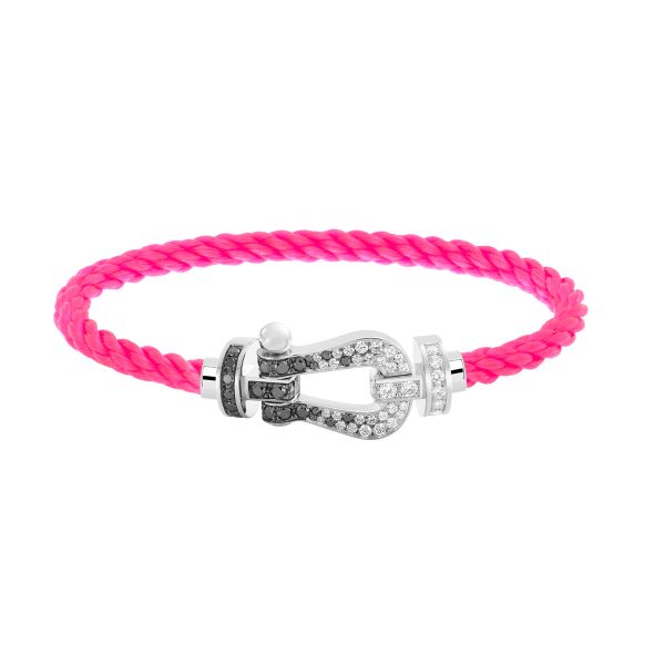 Fred Force 10 large model bracelet in white gold, white and black diamonds and fluorescent pink cable