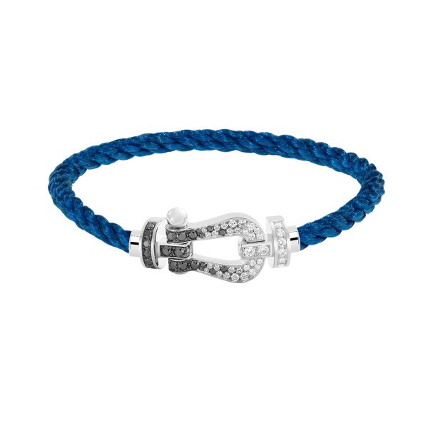 Bracelet Fred Force 10 grand modèle en or blanc, diamants blancs et noirs et câble bleu jean 0B0160-6B1062