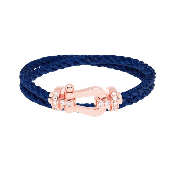 Bracelet Fred Force 10 grand modèle double tour en or rose, diamants et câble bleu jean