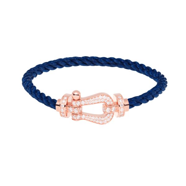 Bracelet Fred Force 10 grand modèle en or rose, pavage diamants et câble bleu marine