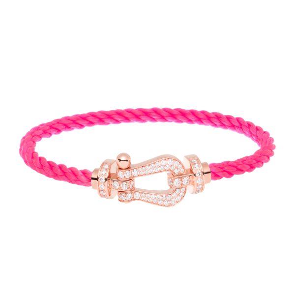 Bracelet Fred Force 10 grand modèle en or rose, pavage diamants et câble rose fluo