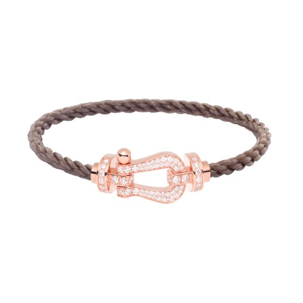 Fred Force 10 large model bracelet in rose gold, diamond-paved and taupe cable