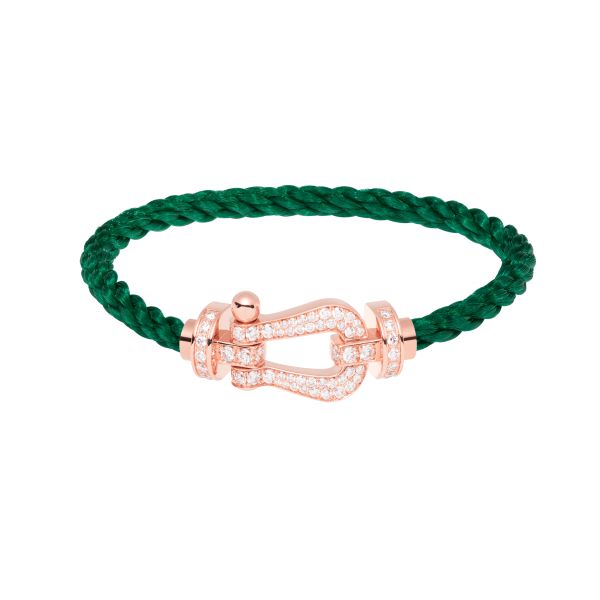 Bracelet Fred Force 10 grand modèle en or rose, pavage diamants et câble vert émeraude