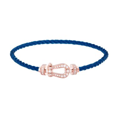 Bracelet Fred Force 10 moyen modèle en or rose, pavage diamants et câble bleu jean