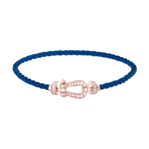 Fred Force 10 medium model bracelet in rose gold, diamond-paved and denim blue cable