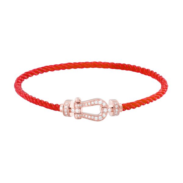 Bracelet Fred Force 10 moyen modèle en or rose, pavage diamants et câble rouge
