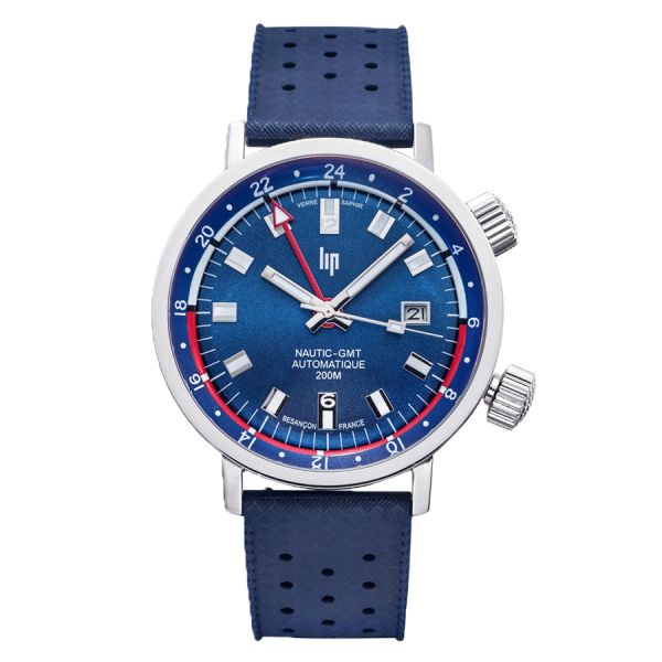 Montre Lip Grande Nautic Ski GMT automatique cadran bleu bracelet caoutchouc perforé bleu 41 mm