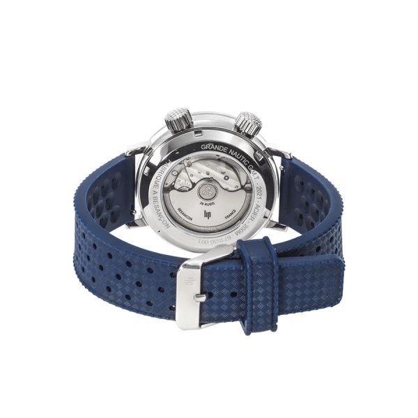 Montre Lip Grande Nautic Ski GMT automatique cadran bleu bracelet caoutchouc perforé bleu 41 mm