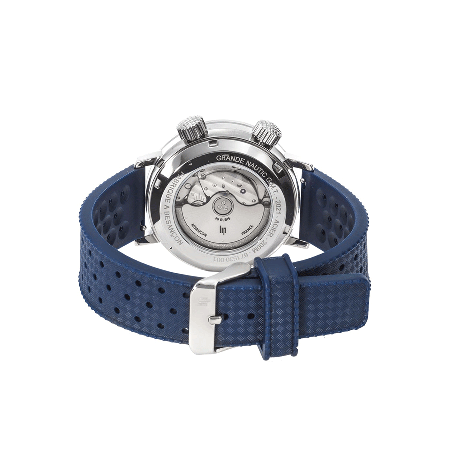 Montre Lip Grande Nautic Ski GMT automatique cadran bleu bracelet caoutchouc perforé bleu 41 mm