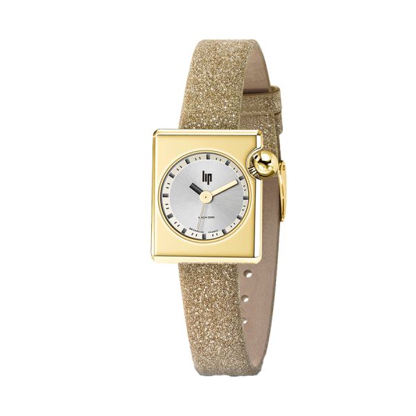 Lip Mach 2000 Mini Square quartz watch gold dial gold glitter leather strap 30 x 28 mm