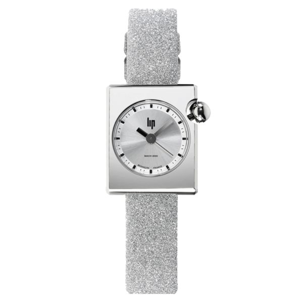 Montre Lip Mach 2000 Mini Square quartz cadran argenté bracelet cuir argenté pailleté 30 x 28 mm