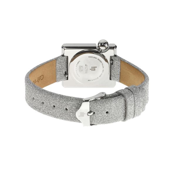 Montre Lip Mach 2000 Mini Square quartz cadran argenté bracelet cuir argenté pailleté 30 x 28 mm
