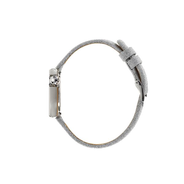 Montre Lip Mach 2000 Mini Square quartz cadran argenté bracelet cuir argenté pailleté 30 x 28 mm