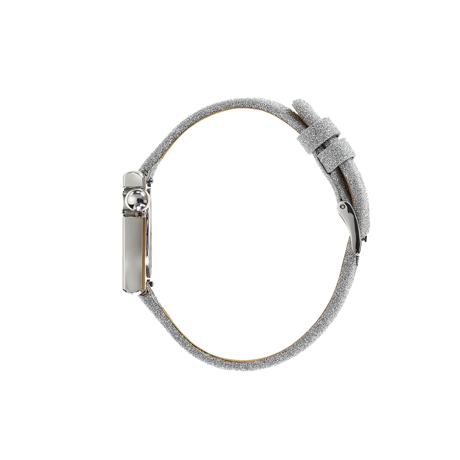 Montre Lip Mach 2000 Mini Square quartz cadran argenté bracelet cuir argenté pailleté 30 x 28 mm