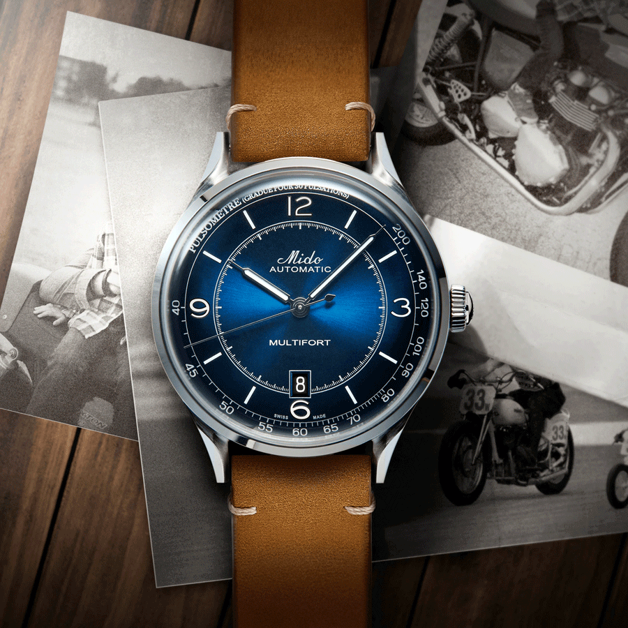 Mido Multifort Patrimony automatic watch blue dial brown leather strap 40 mm M040.407.16.040.00