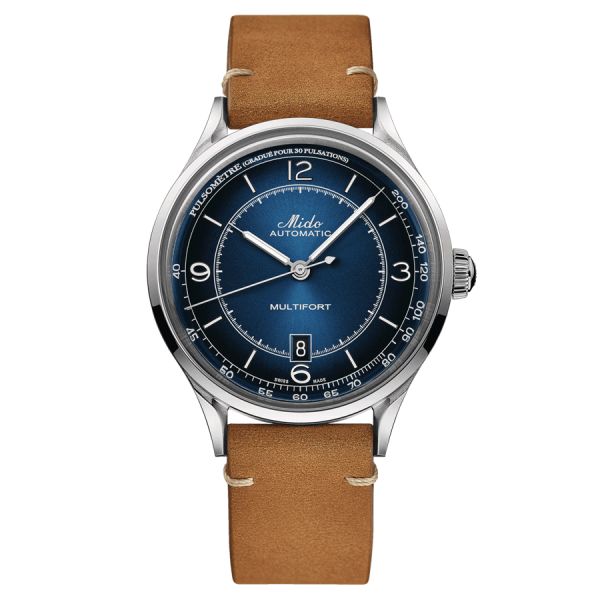 Montre Mido Multifort Patrimony automatique cadran bleu bracelet cuir marron 40 mm M040.407.16.040.00