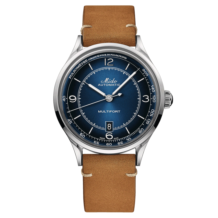 Montre Mido Multifort Patrimony automatique cadran bleu bracelet cuir marron 40 mm M040.407.16.040.00