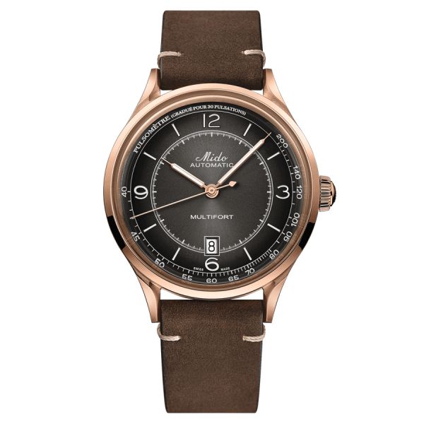 Montre Mido Multifort Patrimony PVD Or Rose automatique cadran noir bracelet cuir brun 40 mm M040.407.36.060.00