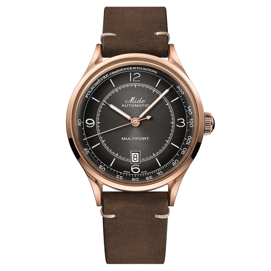Montre Mido Multifort Patrimony PVD Or Rose automatique cadran noir bracelet cuir brun 40 mm M040.407.36.060.00