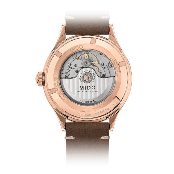 Montre Mido Multifort Patrimony PVD Or Rose automatique cadran noir bracelet cuir brun 40 mm M040.407.36.060.00