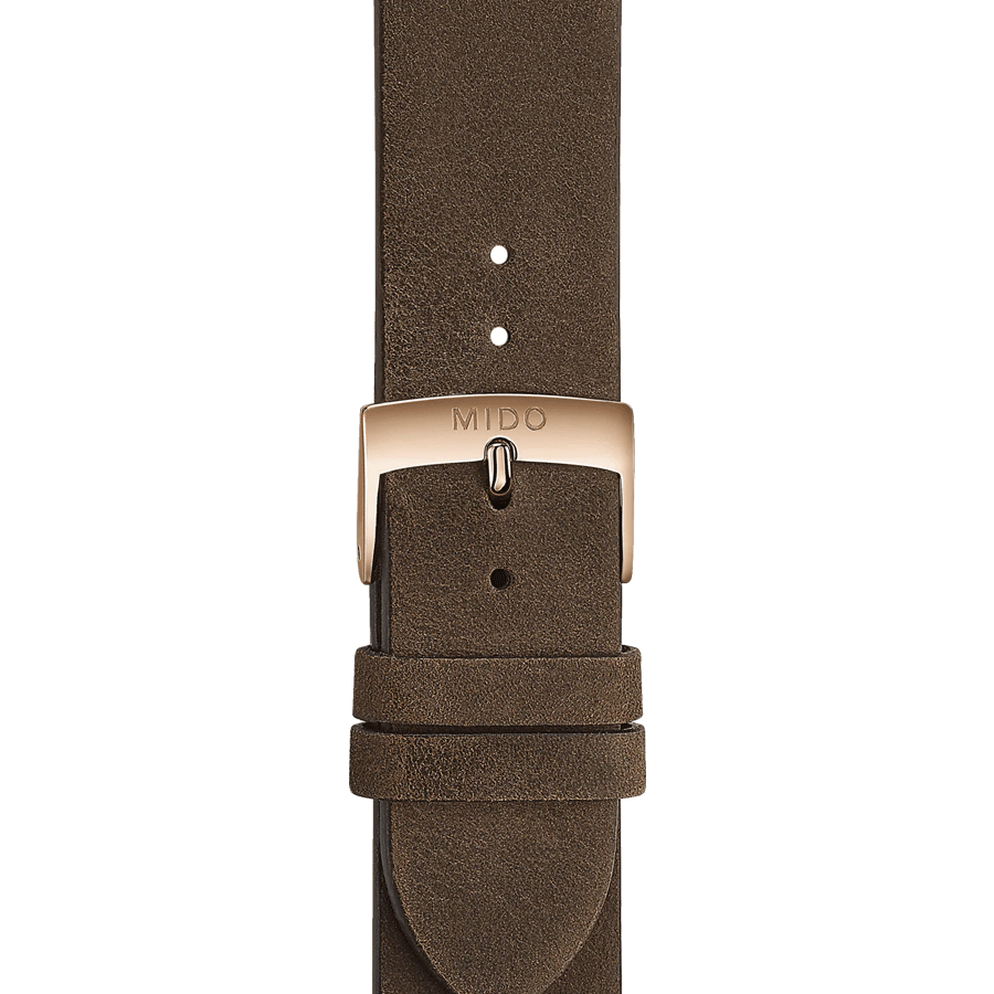Montre Mido Multifort Patrimony PVD Or Rose automatique cadran noir bracelet cuir brun 40 mm M040.407.36.060.00