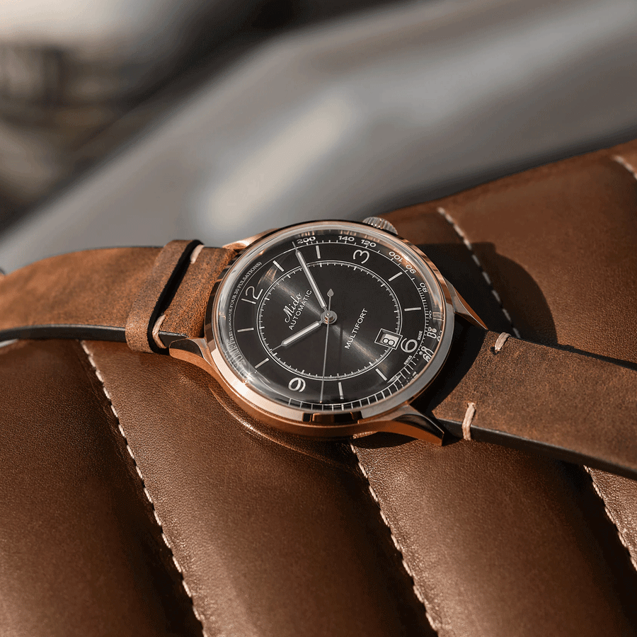 Montre Mido Multifort Patrimony PVD Or Rose automatique cadran noir bracelet cuir brun 40 mm M040.407.36.060.00