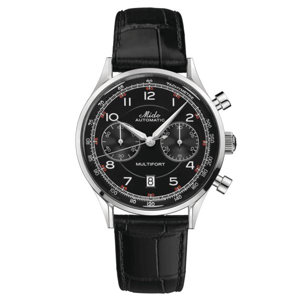 Montre Mido Multifort Patrimony Chronograph automatique cadran noir bracelet cuir noir 42 mm M040.427.16.052.00