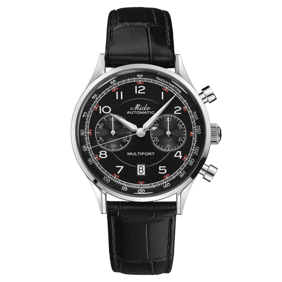 Mido Multifort Patrimony Chronograph automatic watch black dial black leather strap 42 mm M040.427.16.052.00