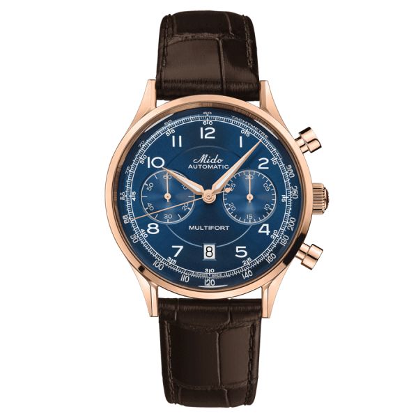 Mido Multifort Patrimony Chronograph PVD Rose Gold automatic watch blue dial brown leather strap 42 mm M040.427.36.042.00
