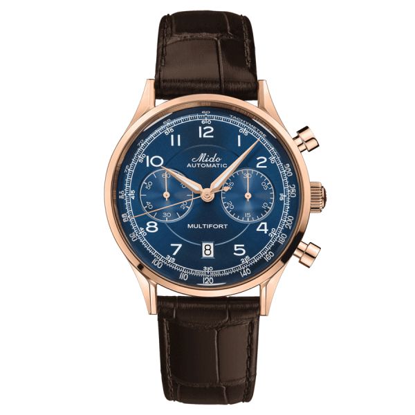 Montre Mido Multifort Patrimony Chronograph PVD Or Rose automatique cadran bleu bracelet cuir brun 42 mm M040.427.36.042.00