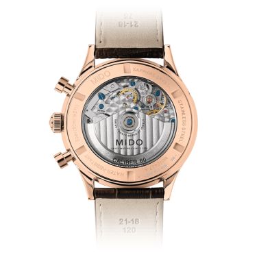 Mido Multifort Patrimony Chronograph PVD Rose Gold automatic watch blue dial brown leather strap 42 mm M040.427.36.042.00