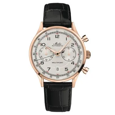 Mido Multifort Patrimony Chronograph PVD Rose Gold automatic watch ivory dial black leather strap 42 mm M040.427.36.262.00